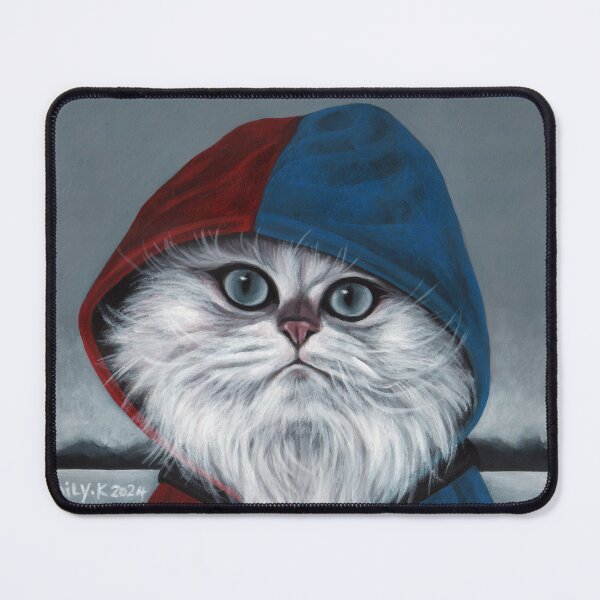Item preview, A long-haired white cat wearing a red and blue cape. designed and sold by EmilyDouArt.