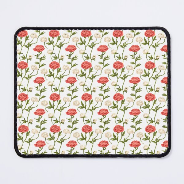 Item preview, The image showcases a seamless floral pattern with stylized pink and white ranunculus flowers interspersed with green stems and leaves, set against a clean white background. designed and sold by rujlaphusstudio.