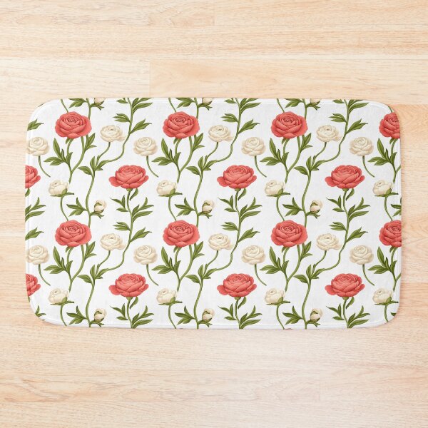 Item preview, The image showcases a seamless floral pattern with stylized pink and white ranunculus flowers interspersed with green stems and leaves, set against a clean white background. designed and sold by rujlaphusstudio.