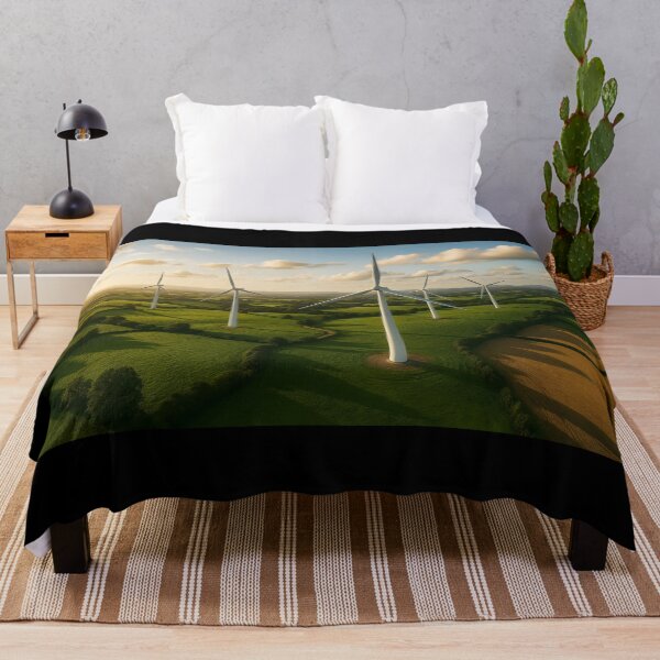 Item preview, Summer Windmills – Green Fields and Clouds Landscape Illustration designed and sold by EmeraldeaArt.