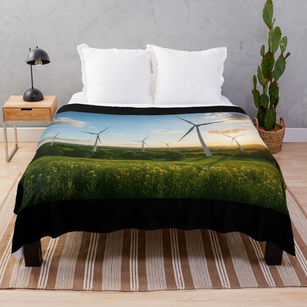 Item preview, Sunset Windmills – Wildflower Hills Landscape Illustration designed and sold by EmeraldeaArt.