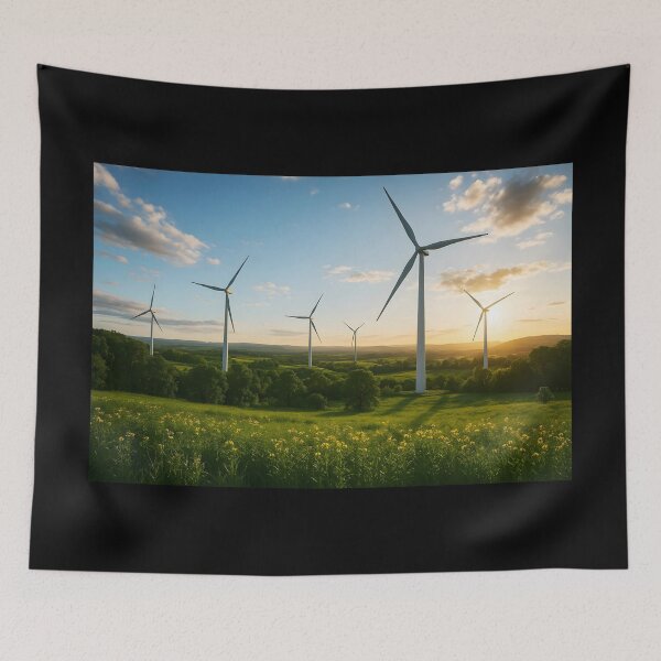 Item preview, Sunset Windmills – Wildflower Hills Landscape Illustration designed and sold by EmeraldeaArt.