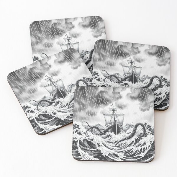 Item preview, Kraken Attacking Ship in Storm - Dark Monochrome Sea Monster Art designed and sold by EllDAV777.