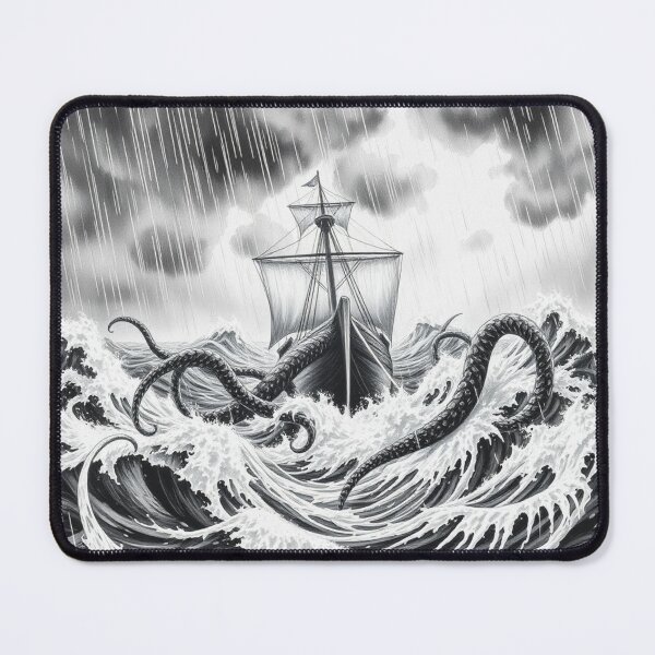 Item preview, Kraken Attacking Ship in Storm - Dark Monochrome Sea Monster Art designed and sold by EllDAV777.