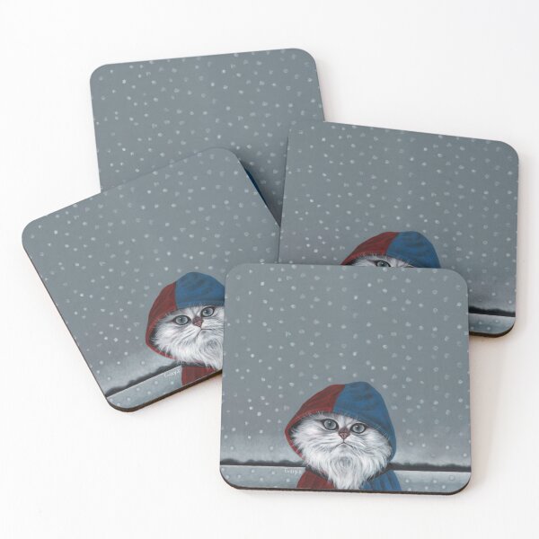 Item preview, It was snowing at the time, and a long-haired white cat wearing a red and blue cape. designed and sold by EmilyDouArt.