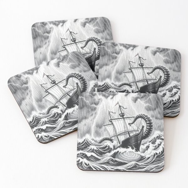 Item preview, Kraken Attacks Ship in Storm - Dark Nautical Monster Art Print designed and sold by EllDAV777.