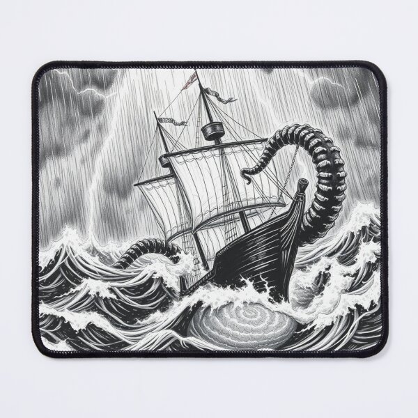 Item preview, Kraken Attacks Ship in Storm - Dark Nautical Monster Art Print designed and sold by EllDAV777.
