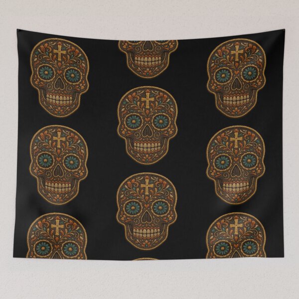 Item preview, Vintage embroidered skull with golden cross designed and sold by LaNadaYFundante.