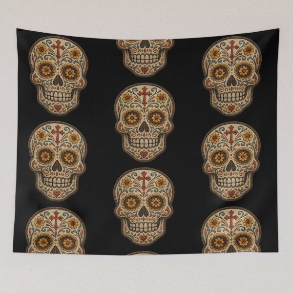Item preview, Beige embroidered skull with yellow flowers designed and sold by LaNadaYFundante.