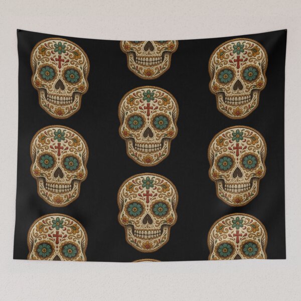 Item preview, Embroidered skull with turquoise and gold flowers designed and sold by LaNadaYFundante.