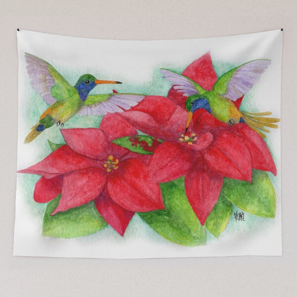 Item preview, Blue Throated Golden Tail Hummingbirds with Poinsettias designed and sold by Jesus Vichareli.