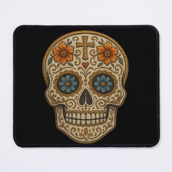 Item preview, Cream embroidered skull with blue and orange flowers designed and sold by LaNadaYFundante.