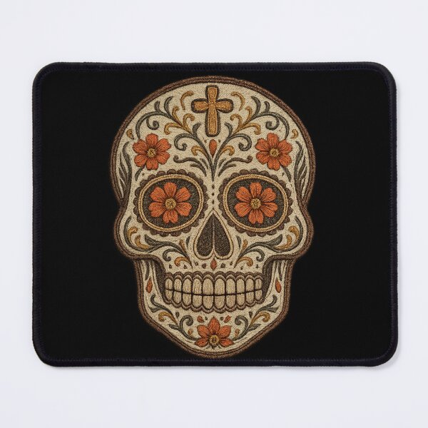 Item preview, Beige embroidered skull with orange flower eyes designed and sold by LaNadaYFundante.