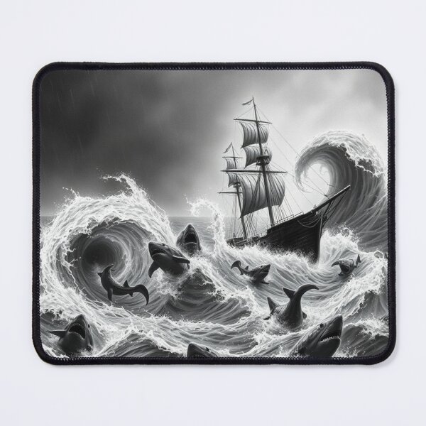 Item preview, Stormy Sea Shark Attack Sailing Ship Dark Fantasy Art designed and sold by EllDAV777.