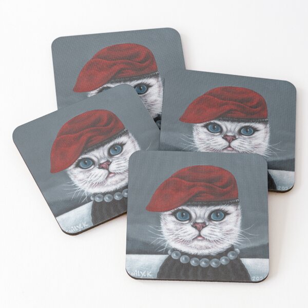 Item preview, A white cat wearing a red beret and a pearl necklace. designed and sold by EmilyDouArt.