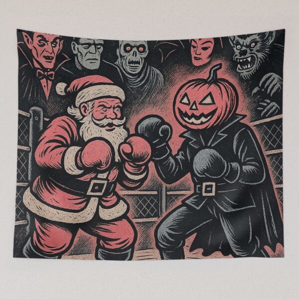 Item preview, Headless Horseman vs Santa in the Ring: Vintage Halloween Boxing Art Print designed and sold by TheHorsemanRidesAgain.