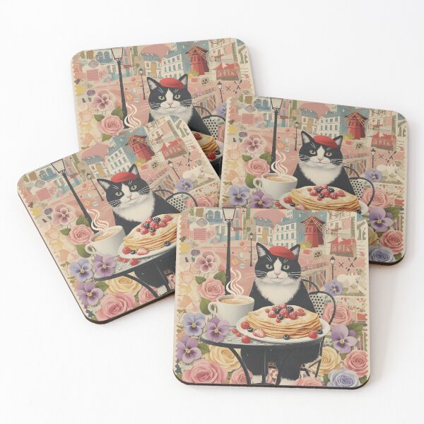 Item preview, Parisian cat with floral breakfast in vintage cafe designed and sold by CoffeeinBloom.