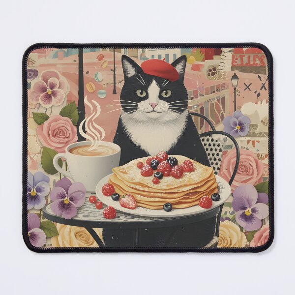 Item preview, Parisian cat with floral breakfast in vintage cafe designed and sold by CoffeeinBloom.