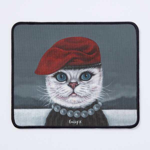 Item preview, A white cat wearing a red beret and a pearl necklace. designed and sold by EmilyDouArt.