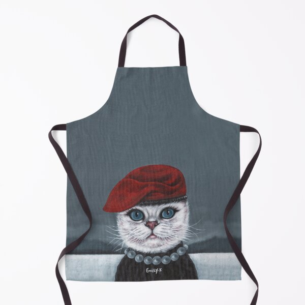 Item preview, A white cat wearing a red beret and a pearl necklace. designed and sold by EmilyDouArt.