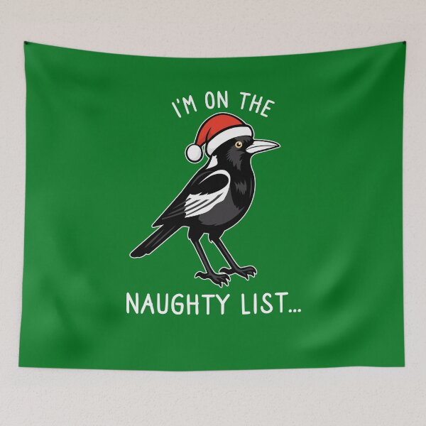 Item preview, Funny Australian Christmas naughty list swooping magpie - with quote "I'm on the naughty list" featuring an Aussie Magpie bird - on dark colors designed and sold by messy-nessie.