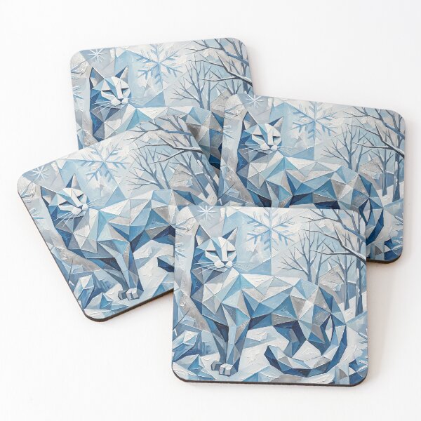 Item preview, Geometric Crystal Cat Art - Blue Abstract Winter Feline Painting designed and sold by lemonfishing.