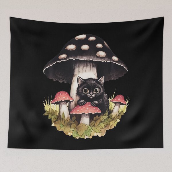 Item preview, Cottagecore Aesthetic Cute Little Black Cat With Mushroom designed and sold by DominiqueAngela.