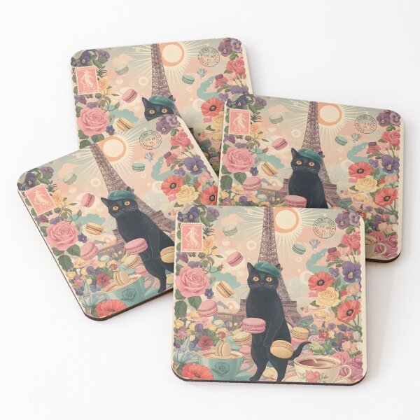 Item preview, Parisian café with cat, macarons and vintage flowers designed and sold by CoffeeinBloom.