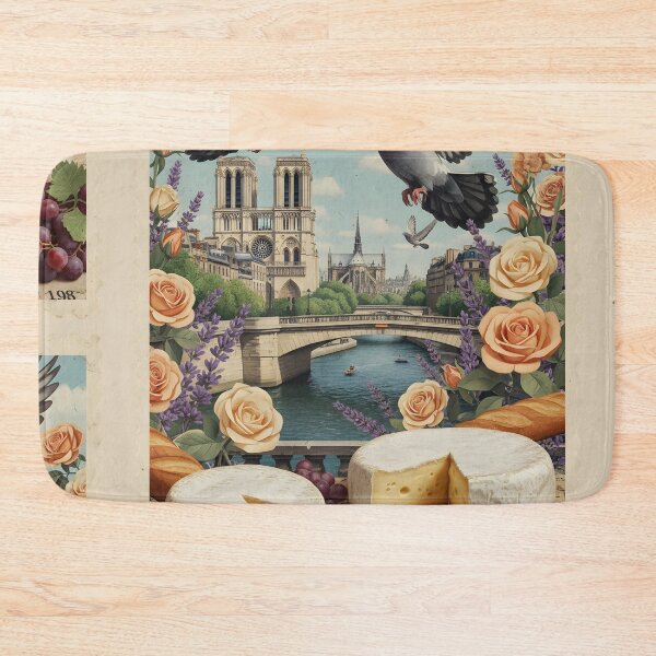 Item preview, French cheeses and pigeons on a vintage Parisian bridge designed and sold by CoffeeinBloom.