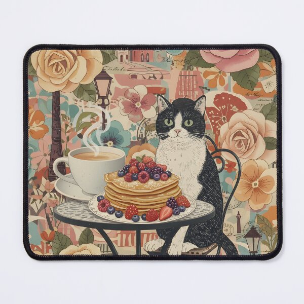 Item preview, Parisian cat with pancakes, coffee and vintage flowers designed and sold by CoffeeinBloom.