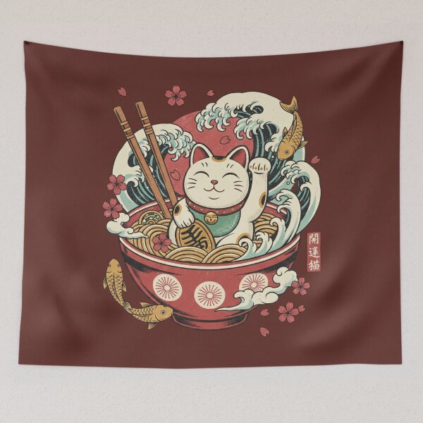 Item preview, Lucky Cat Ramen Noodle Wave - Maneki Neko Japanese Food Art designed and sold by AwesomeBeyondLimits.