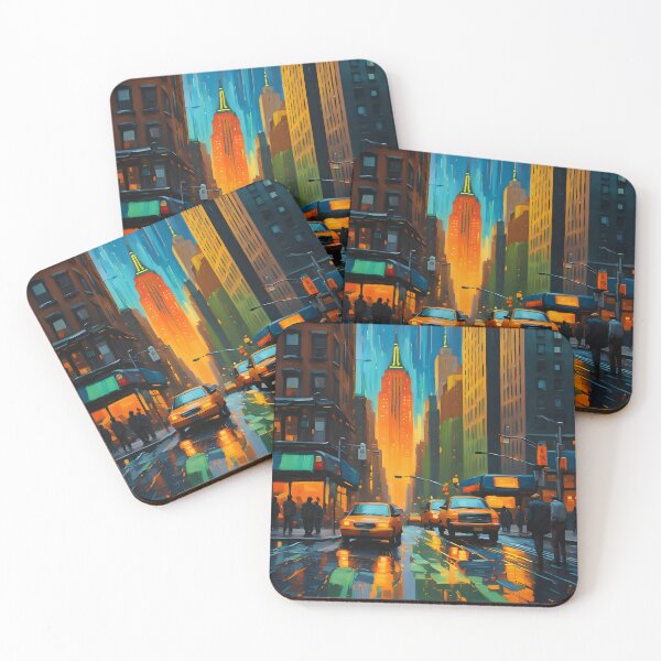 Item preview, Urban illustration of nighttime New York with yellow taxis – Vibrant art of a modern city in the rain designed and sold by SeNsArtGallery.