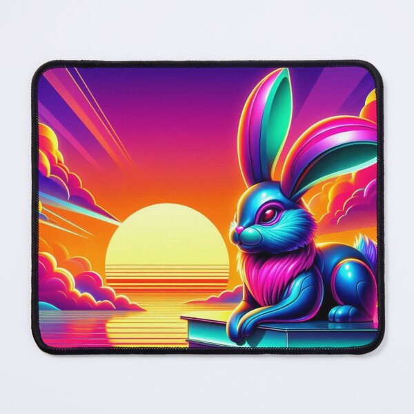 Artikelvorschau, Neonhase auf Büchern – Surrealer Sonnenuntergang Synthwave-Kunst entworfen und verkauft von Dogandesighn.