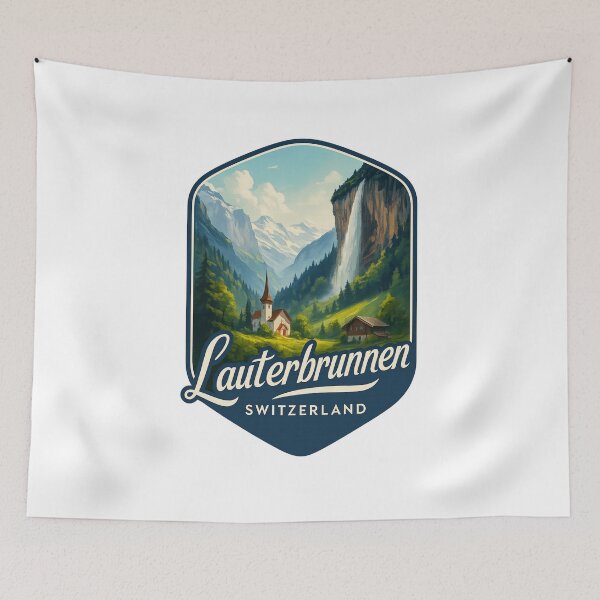 Item preview, Lauterbrunnen – Church and Waterfall Amid Alpine Peaks designed and sold by Aryabek.