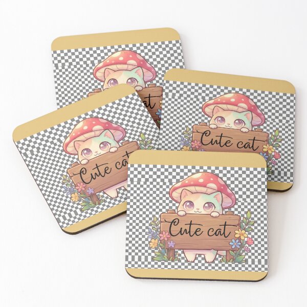 Item preview, Kawaii Cat with Mushroom Hat Holding ‘Cute Cat’ Sign” designed and sold by Eman4design.