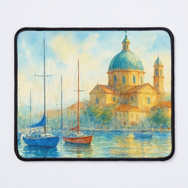 Item preview, Sailboats gleam in front of the domed church designed and sold by Sigtrix.