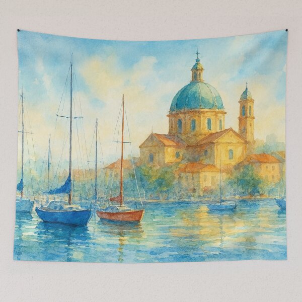 Item preview, Sailboats gleam in front of the domed church designed and sold by Sigtrix.