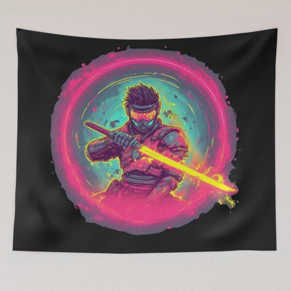 Item preview, Cyberpunk Warrior in Battle with Glowing Samurai Katana designed and sold by SweetRossel.