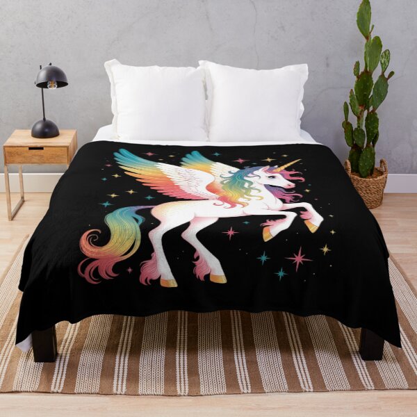 Item preview, Magical Rainbow Unicorn with Wings Black Background Art designed and sold by RsFilsingerArt.