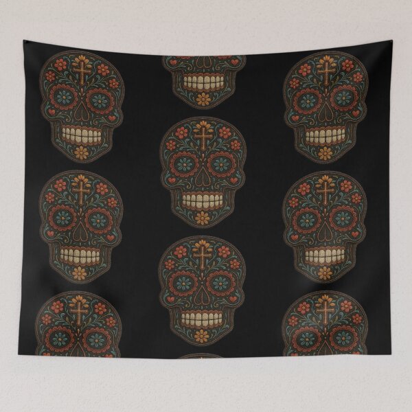Item preview, Dark embroidered skull with bright floral details designed and sold by LaNadaYFundante.
