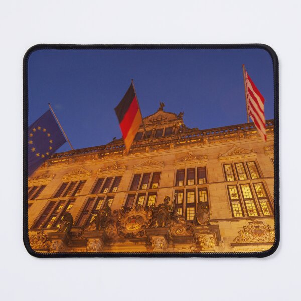 Item preview, Schütting House with flags at Bremen's market square at dusk designed and sold by Torsten Krüger.