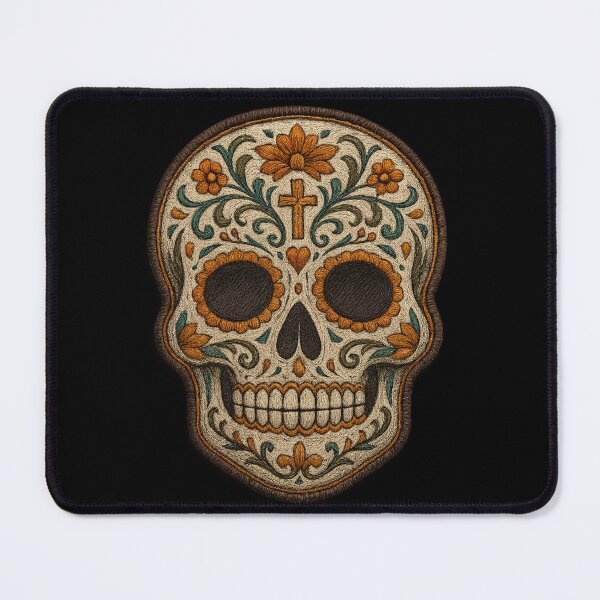 Item preview, Cream embroidered skull with orange flowers and dark eyes designed and sold by LaNadaYFundante.
