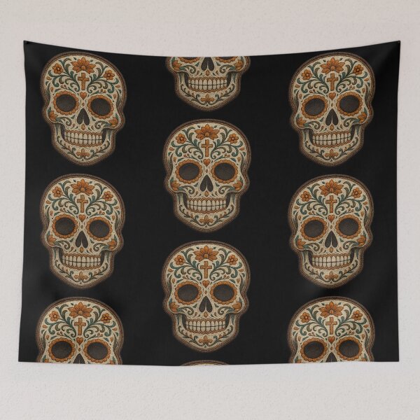 Item preview, Cream embroidered skull with orange flowers and dark eyes designed and sold by LaNadaYFundante.