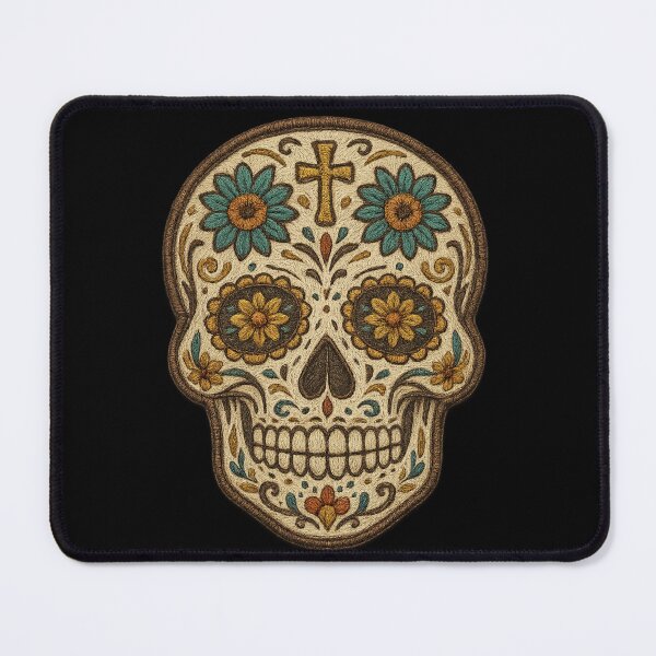 Item preview, Embroidered skull with teal and golden flowers designed and sold by LaNadaYFundante.