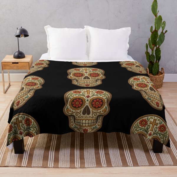Item preview, Cream embroidered skull with red and golden florals designed and sold by LaNadaYFundante.