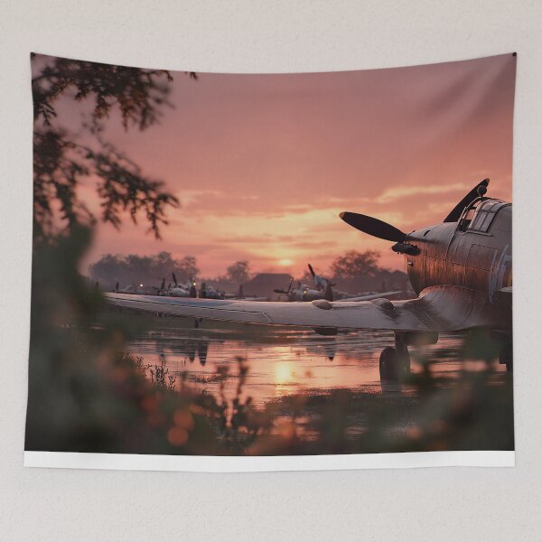 Item preview, Early Morning RAF Airfield In Early Haze with Spitfires Ready designed and sold by Skyframe Aviation.