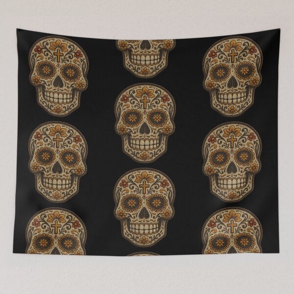 Item preview, Beige embroidered skull with golden flower eyes designed and sold by LaNadaYFundante.