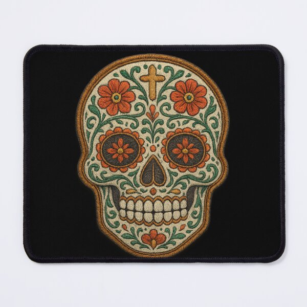 Item preview, Green and orange floral embroidered sugar skull designed and sold by LaNadaYFundante.