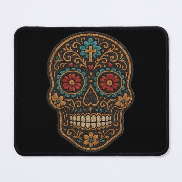Item preview, Cream embroidered skull with red and teal flowers designed and sold by LaNadaYFundante.