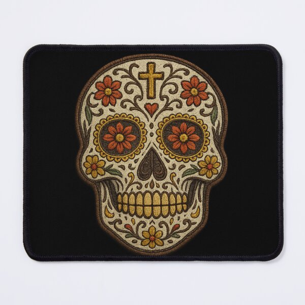 Item preview, Cream embroidered skull with golden top flowers designed and sold by LaNadaYFundante.